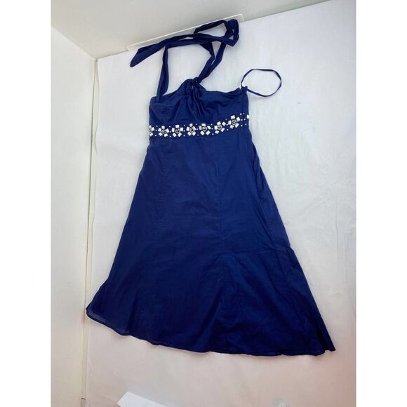 Ann Taylor Loft Cottagecore Beaded Halter Dress 100% Cotton Blue White 2 - Picture 3 of 9